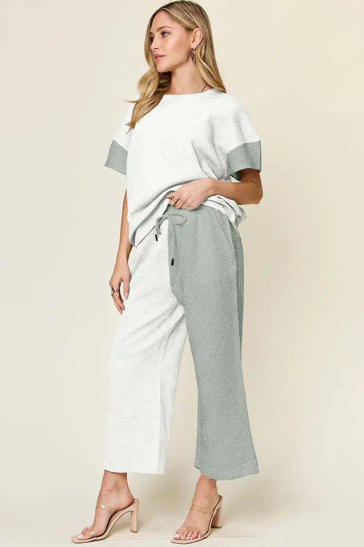 Blue Zone Planet | Double Take Full Size Texture Contrast T-Shirt and Wide Leg Pants Set-TOPS / DRESSES-[Adult]-[Female]-2022 Online Blue Zone Planet