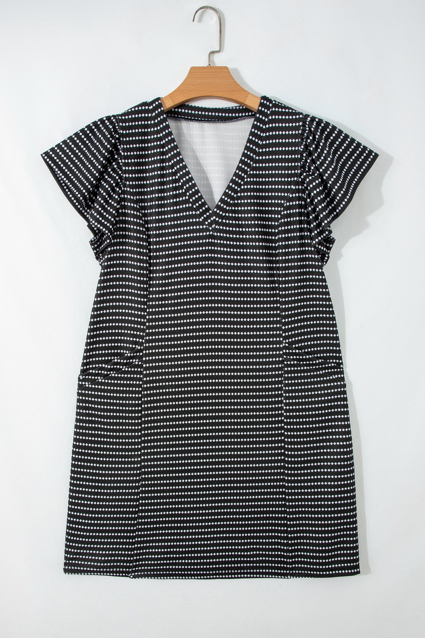 Black Stripe Textured Knit V Neck Flutter Sleeve Shift Mini Dress-TOPS / DRESSES-[Adult]-[Female]-2022 Online Blue Zone Planet