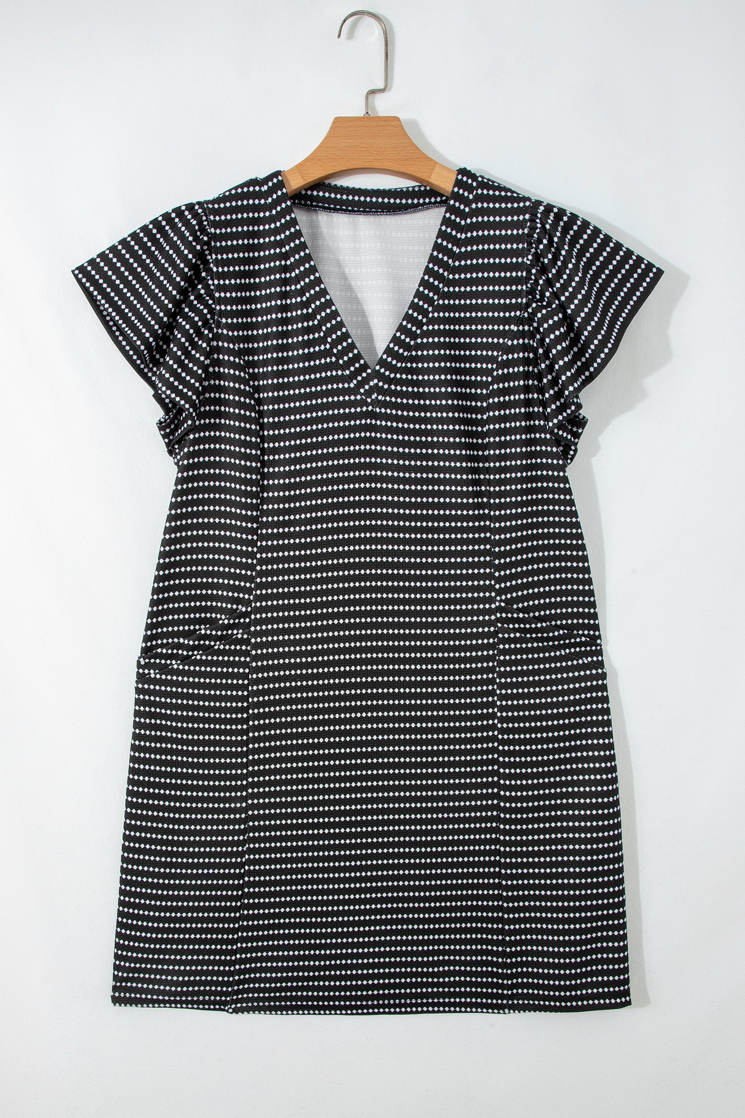 Black Stripe Textured Knit V Neck Flutter Sleeve Shift Mini Dress-TOPS / DRESSES-[Adult]-[Female]-2022 Online Blue Zone Planet