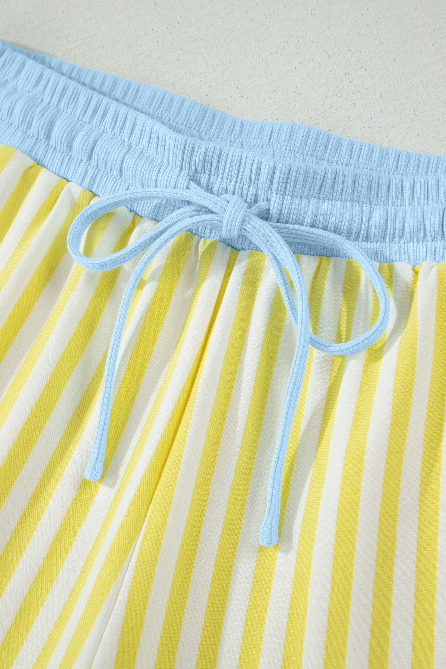 Yellow Stripe Colorblock Trim V Neck Tee Drawstring Elastic Waist Short Set-Two Piece Sets/Short Sets-[Adult]-[Female]-2022 Online Blue Zone Planet