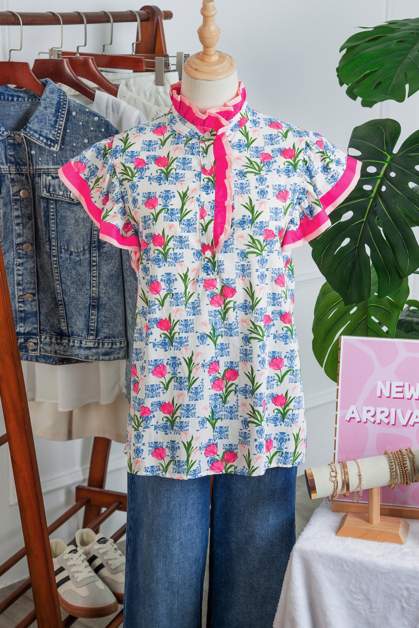 Rose Floral Print Color Block Striped Trim Flutter Sleeve Half Button Blouse-Tops/Blouses & Shirts-[Adult]-[Female]-2022 Online Blue Zone Planet