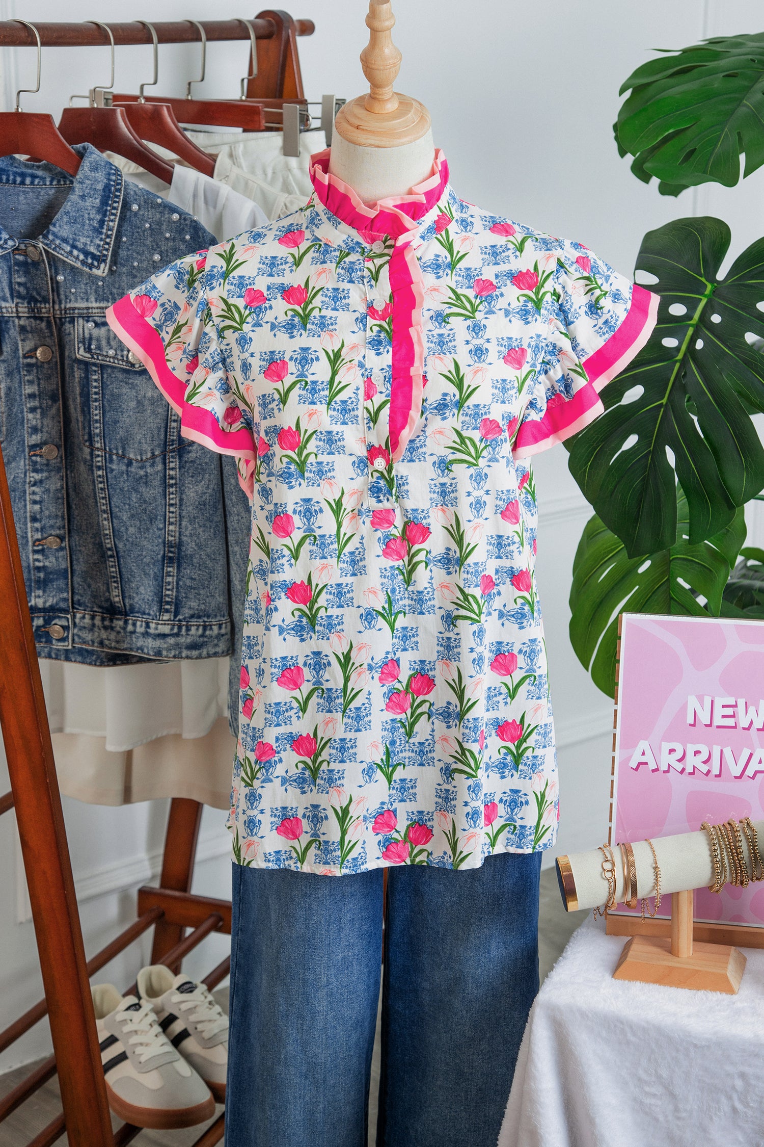 Rose Floral Print Color Block Striped Trim Flutter Sleeve Half Button Blouse-Tops/Blouses & Shirts-[Adult]-[Female]-2022 Online Blue Zone Planet