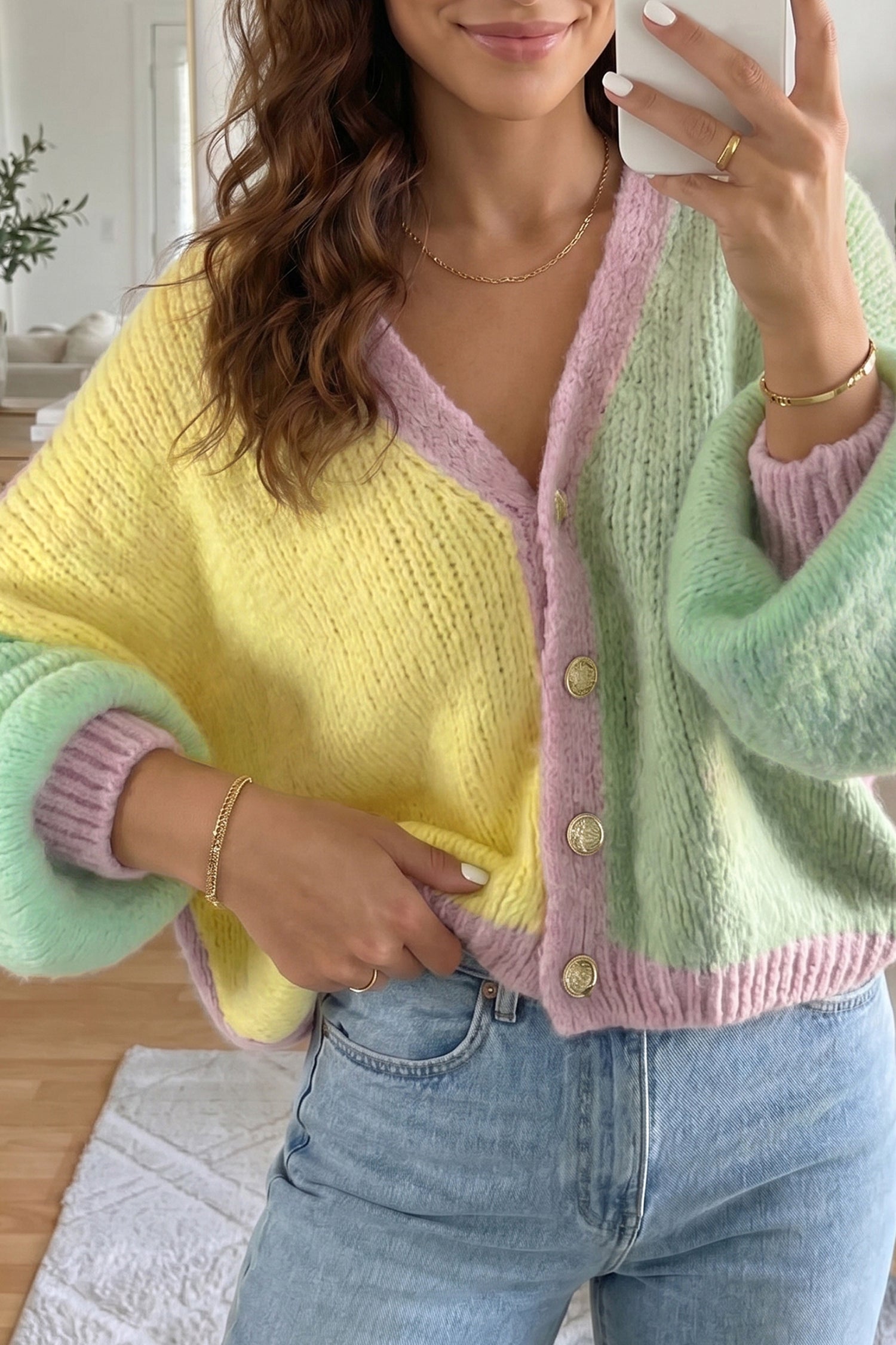 Yellow V Neck Drop Shoulder Patchwork Regular Wash Knitwear Cardigan-Sweaters & Cardigans/Cardigans-[Adult]-[Female]-2022 Online Blue Zone Planet
