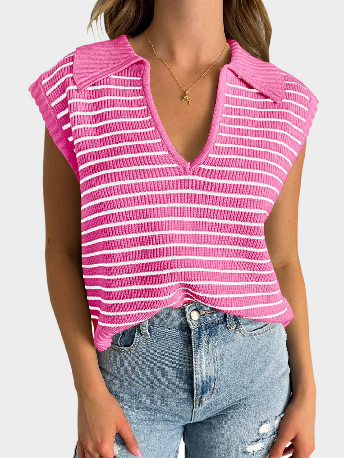 Blue Zone Planet | Mandy Collared Neck Striped Sweater Vest-TOPS / DRESSES-[Adult]-[Female]-Pink-S-2022 Online Blue Zone Planet