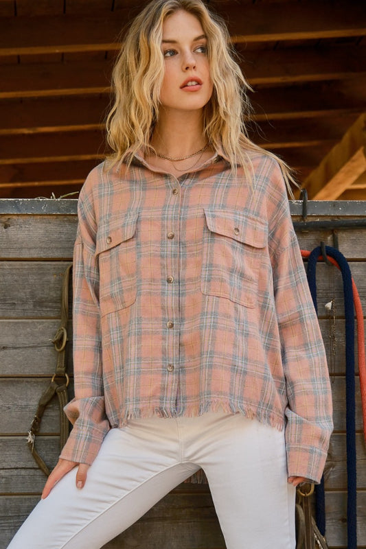 And The Why Full Size Plaid Button Up Raw Hem Shirt-TOPS / DRESSES-[Adult]-[Female]-Pink-S-2022 Online Blue Zone Planet