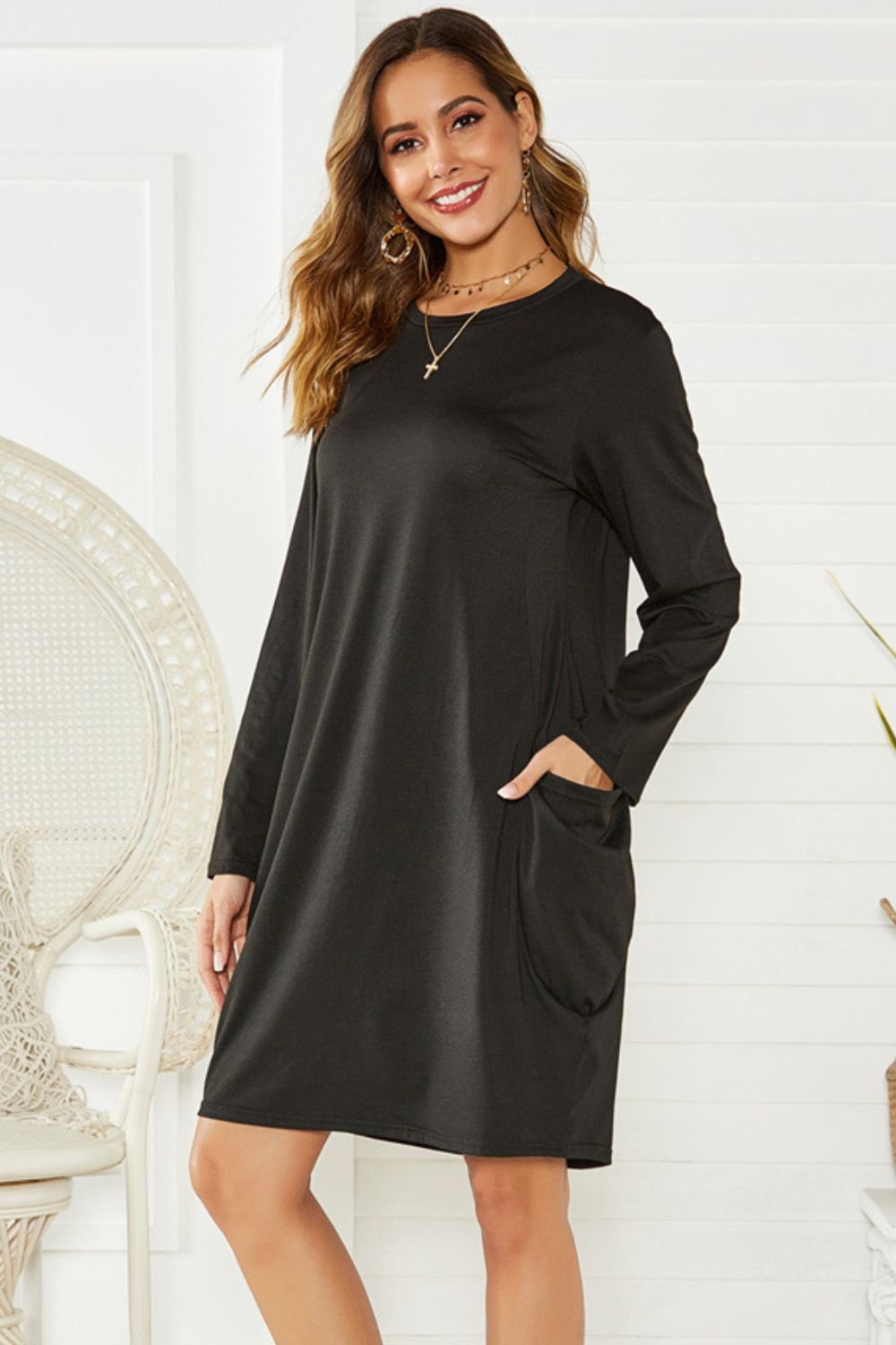 Pocketed Round Neck Long Sleeve Dress-TOPS / DRESSES-[Adult]-[Female]-2022 Online Blue Zone Planet