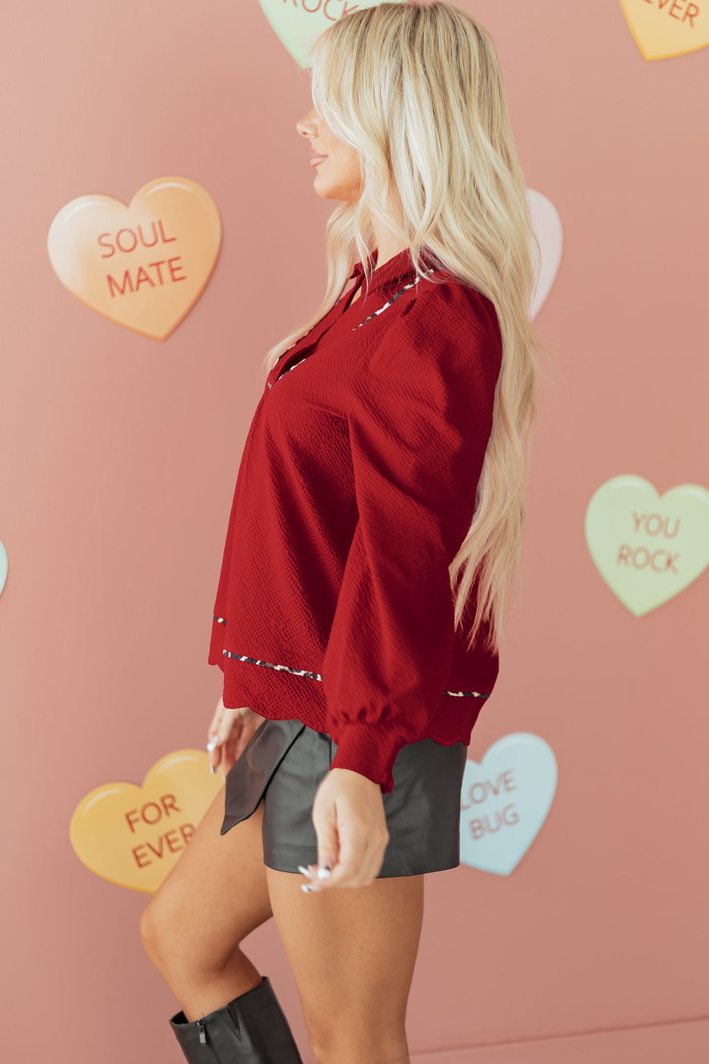 Fiery Red Collar V Neck Leopard Contrasted Trim Textured Blouse-Tops/Blouses & Shirts-[Adult]-[Female]-2022 Online Blue Zone Planet