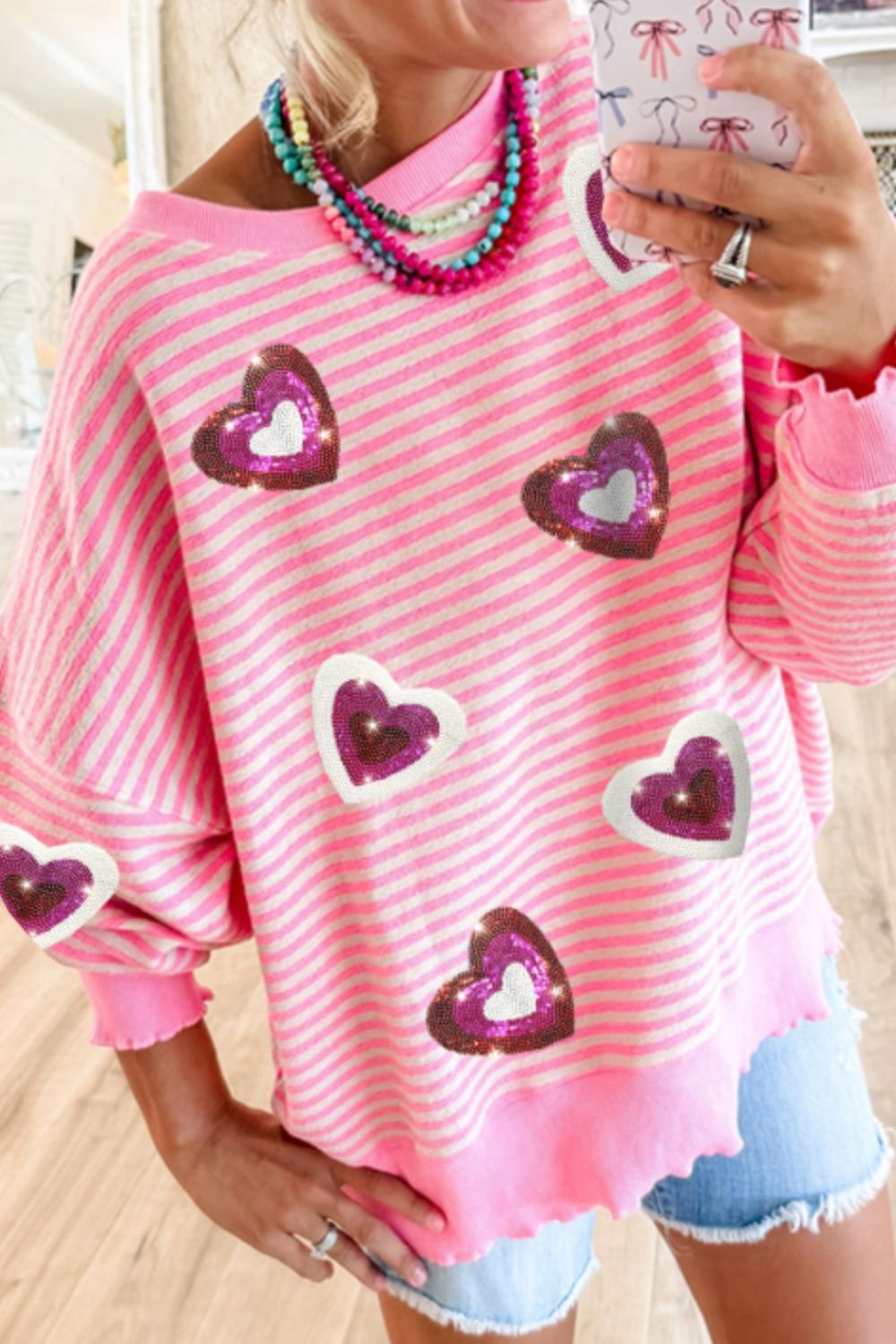 Valentine’s Day Sequin Heart Striped Round Neck Long Sleeve Sweatshirt-TOPS / DRESSES-[Adult]-[Female]-Pink-S-2022 Online Blue Zone Planet