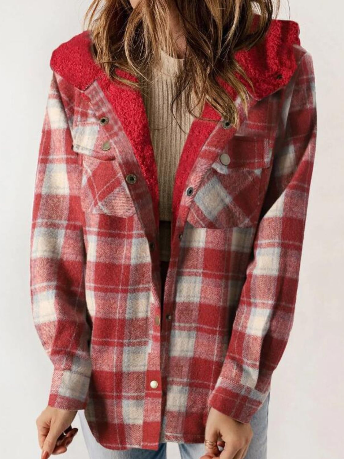 Plaid Snap Down Plush Hooded Jacket-TOPS / DRESSES-[Adult]-[Female]-2022 Online Blue Zone Planet