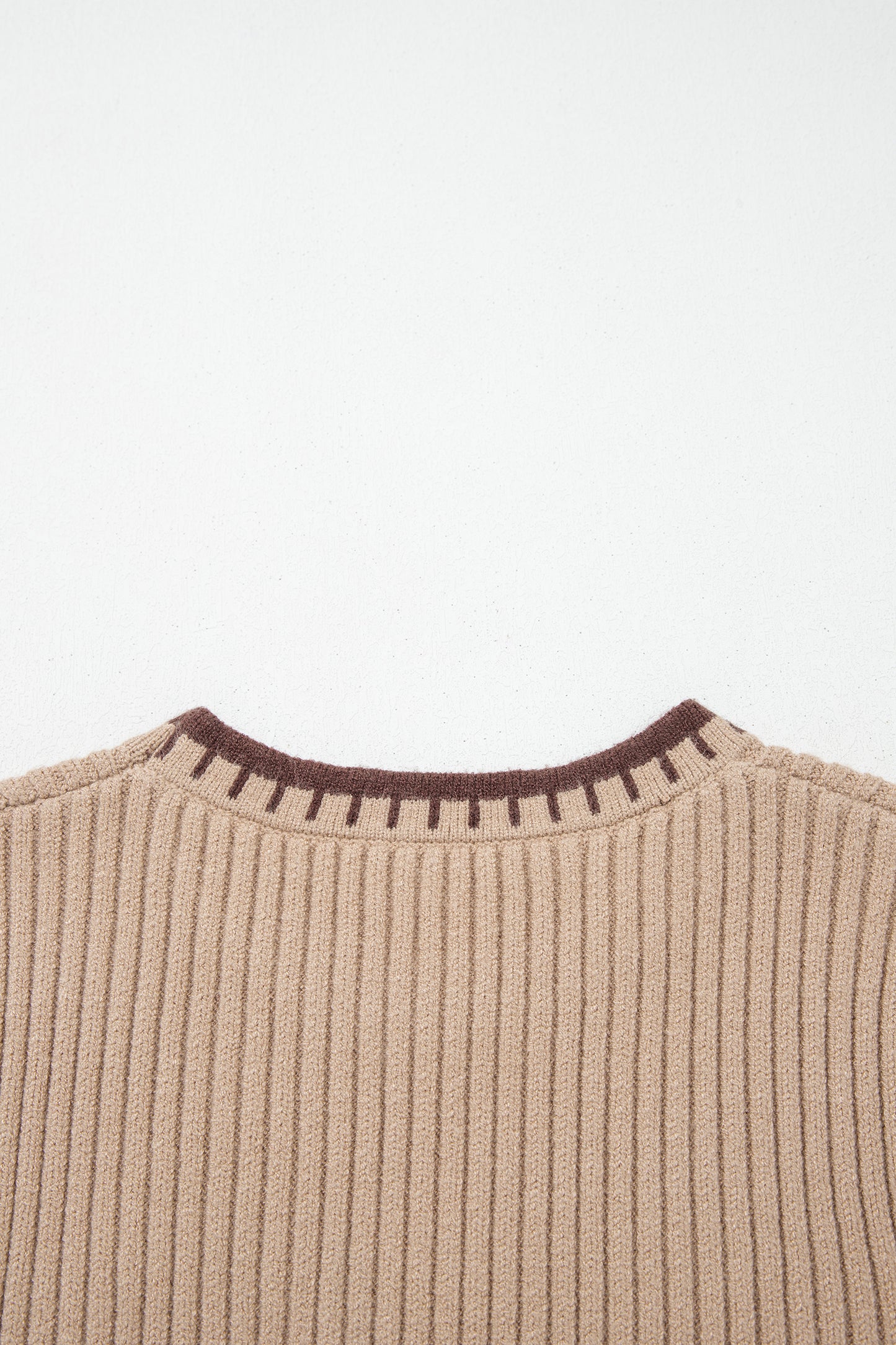 Light French Beige Ribbed Knit Contrast Trim Round Neck Horseshoe Sweater Vest-Sweaters & Cardigans/Sweater Vests-[Adult]-[Female]-2022 Online Blue Zone Planet