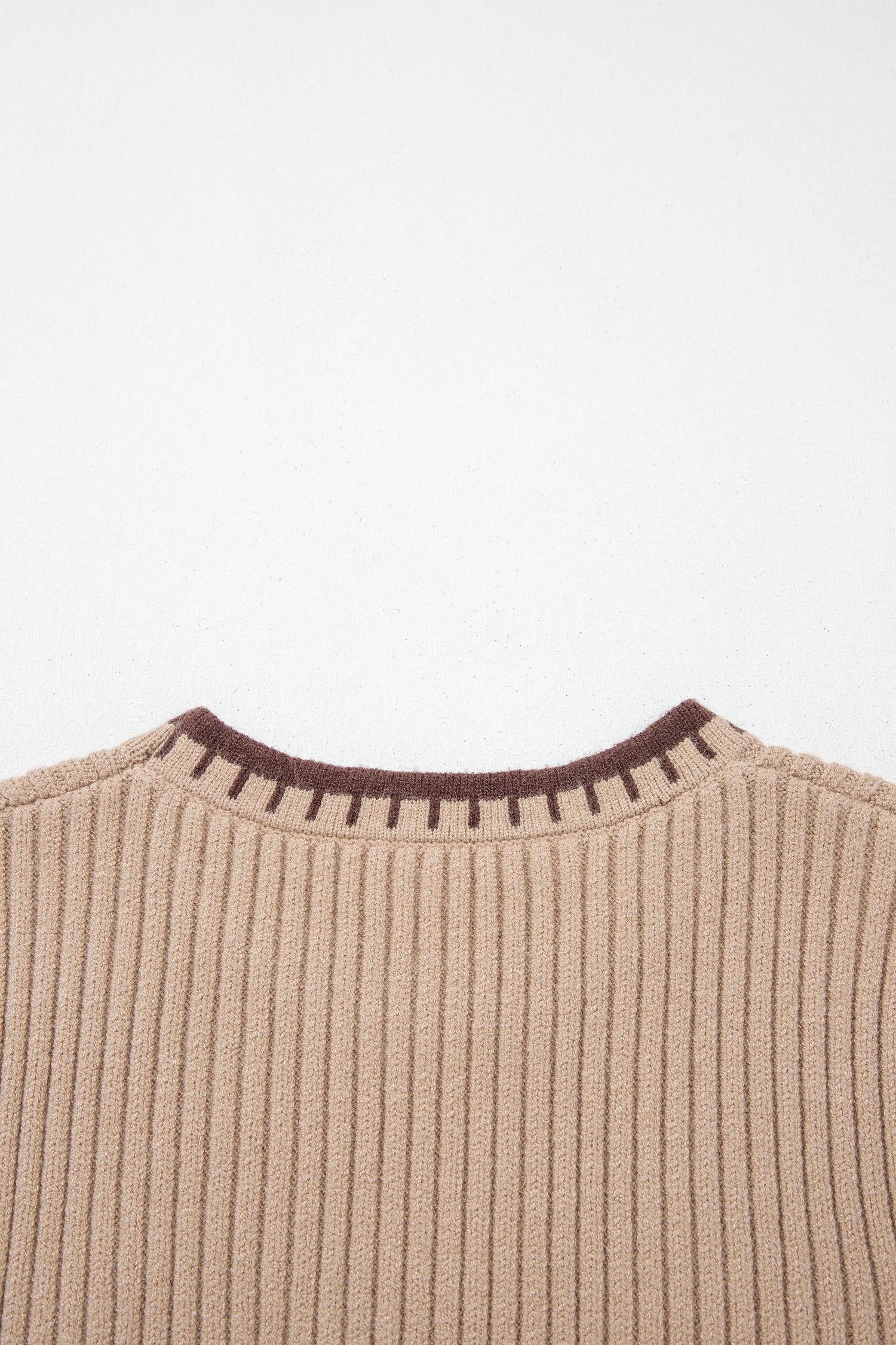 Light French Beige Ribbed Knit Contrast Trim Round Neck Horseshoe Sweater Vest-Sweaters & Cardigans/Sweater Vests-[Adult]-[Female]-2022 Online Blue Zone Planet