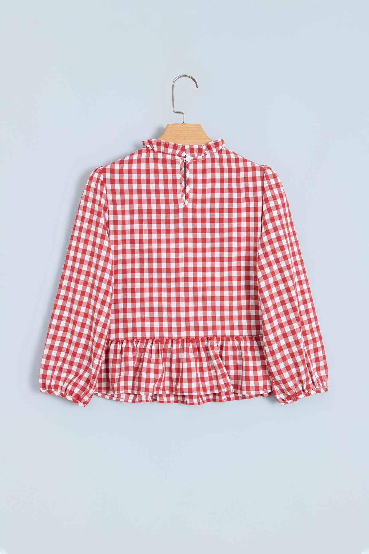 Red 3/4 Sleeve Shirred Plaid Peplum Top-Tops/Blouses & Shirts-[Adult]-[Female]-2022 Online Blue Zone Planet