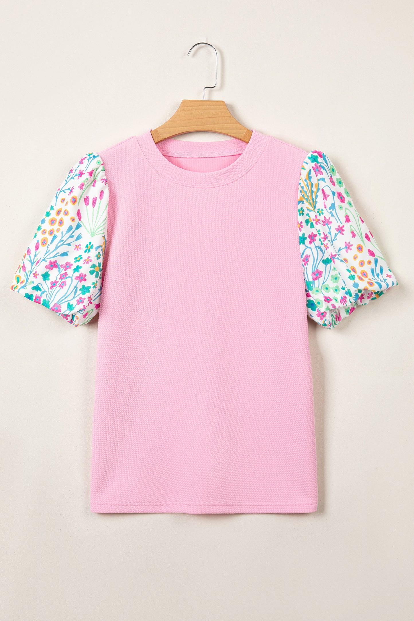 Pink Round Neck Textured Contrast Floral Bubble Sleeve Blouse-Tops/Blouses & Shirts-[Adult]-[Female]-2022 Online Blue Zone Planet