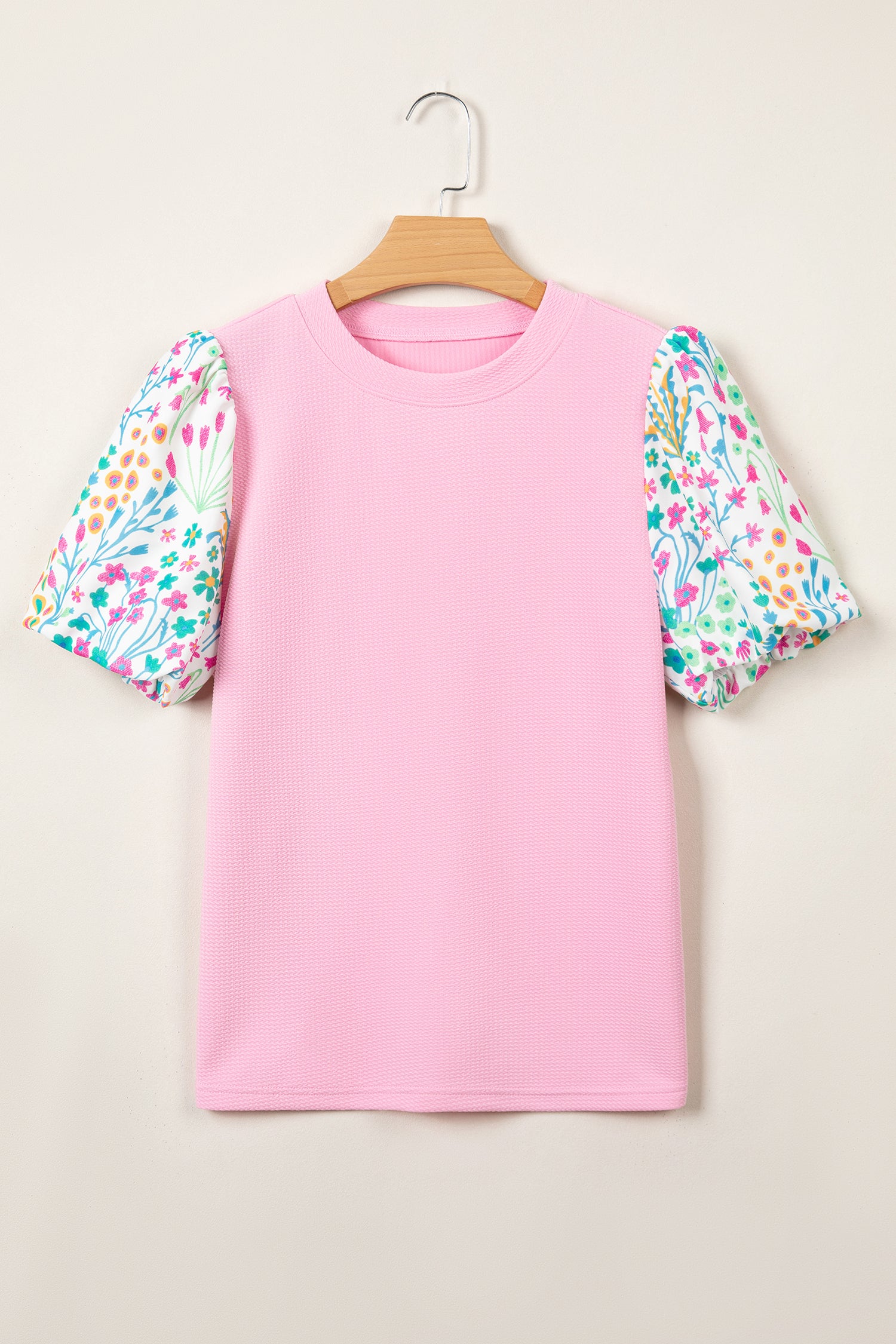 Pink Round Neck Textured Contrast Floral Bubble Sleeve Blouse-Tops/Blouses & Shirts-[Adult]-[Female]-2022 Online Blue Zone Planet