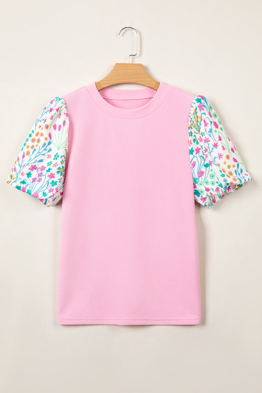 Pink Round Neck Textured Contrast Floral Bubble Sleeve Blouse-Tops/Blouses & Shirts-[Adult]-[Female]-2022 Online Blue Zone Planet