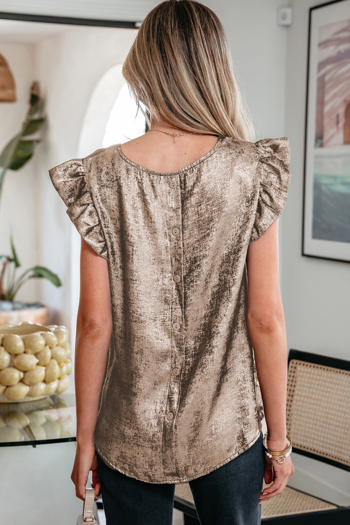 Gold Metallic Round Neck Ruffle Trim Sleeveless Top-Tops/Tank Tops-[Adult]-[Female]-2022 Online Blue Zone Planet