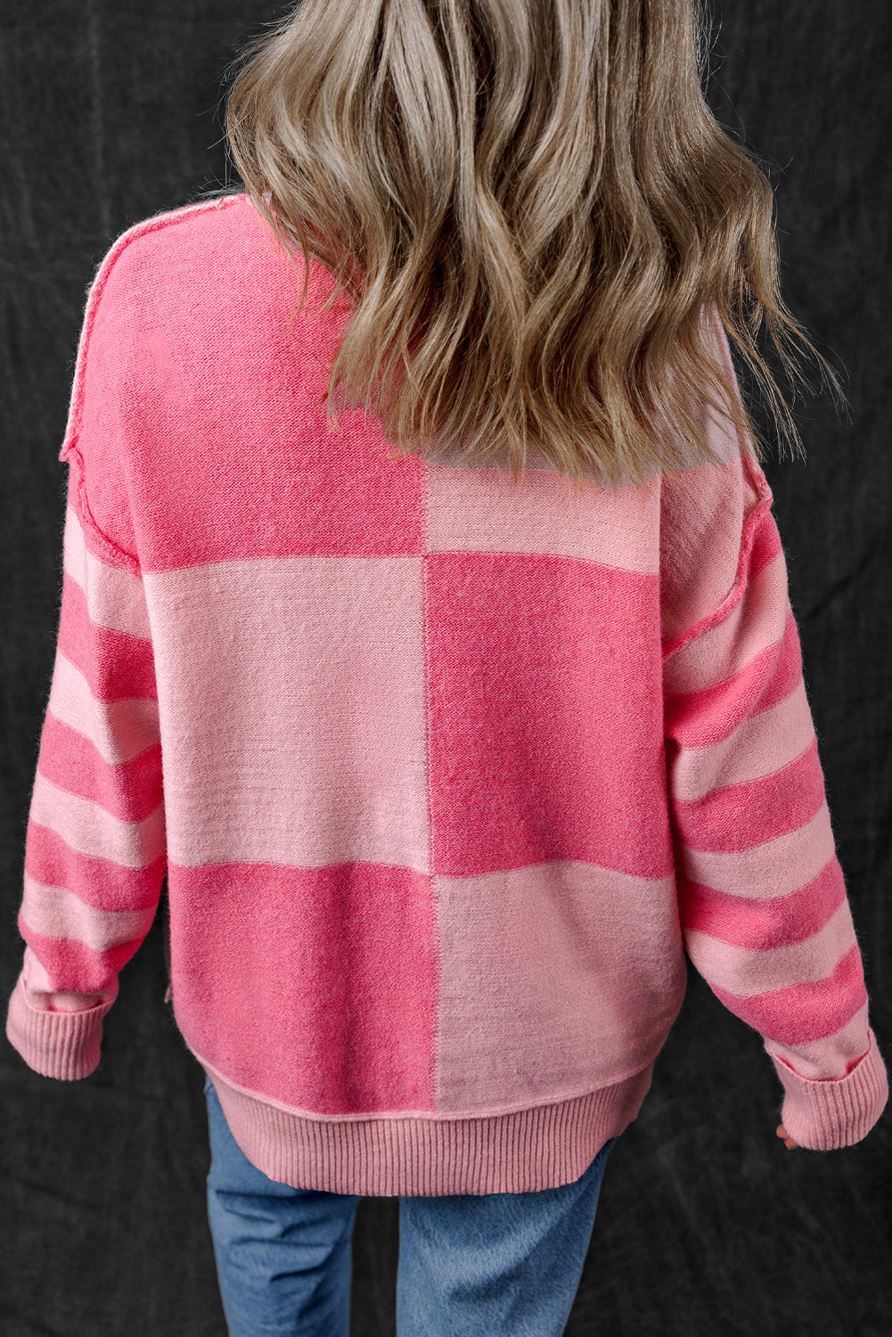 Pink Checkered Colorblock Striped High Low Loose Sweater-Sweaters & Cardigans/Sweaters-[Adult]-[Female]-2022 Online Blue Zone Planet