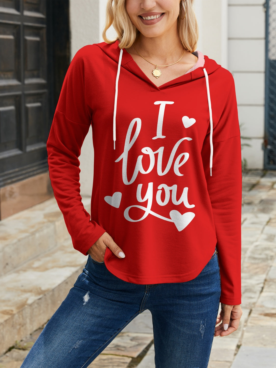 Blue Zone Planet | FAM-FAM I LOVE YOU Drawstring Long Sleeve Hoodie-TOPS / DRESSES-[Adult]-[Female]-Rust-S-2022 Online Blue Zone Planet