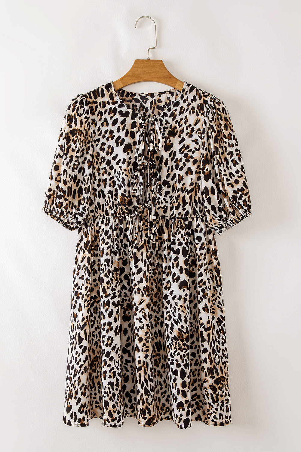 Multicolour Leopard Tie Front Puff Sleeve Short Flared Dress-Dresses/Mini Dresses-[Adult]-[Female]-2022 Online Blue Zone Planet