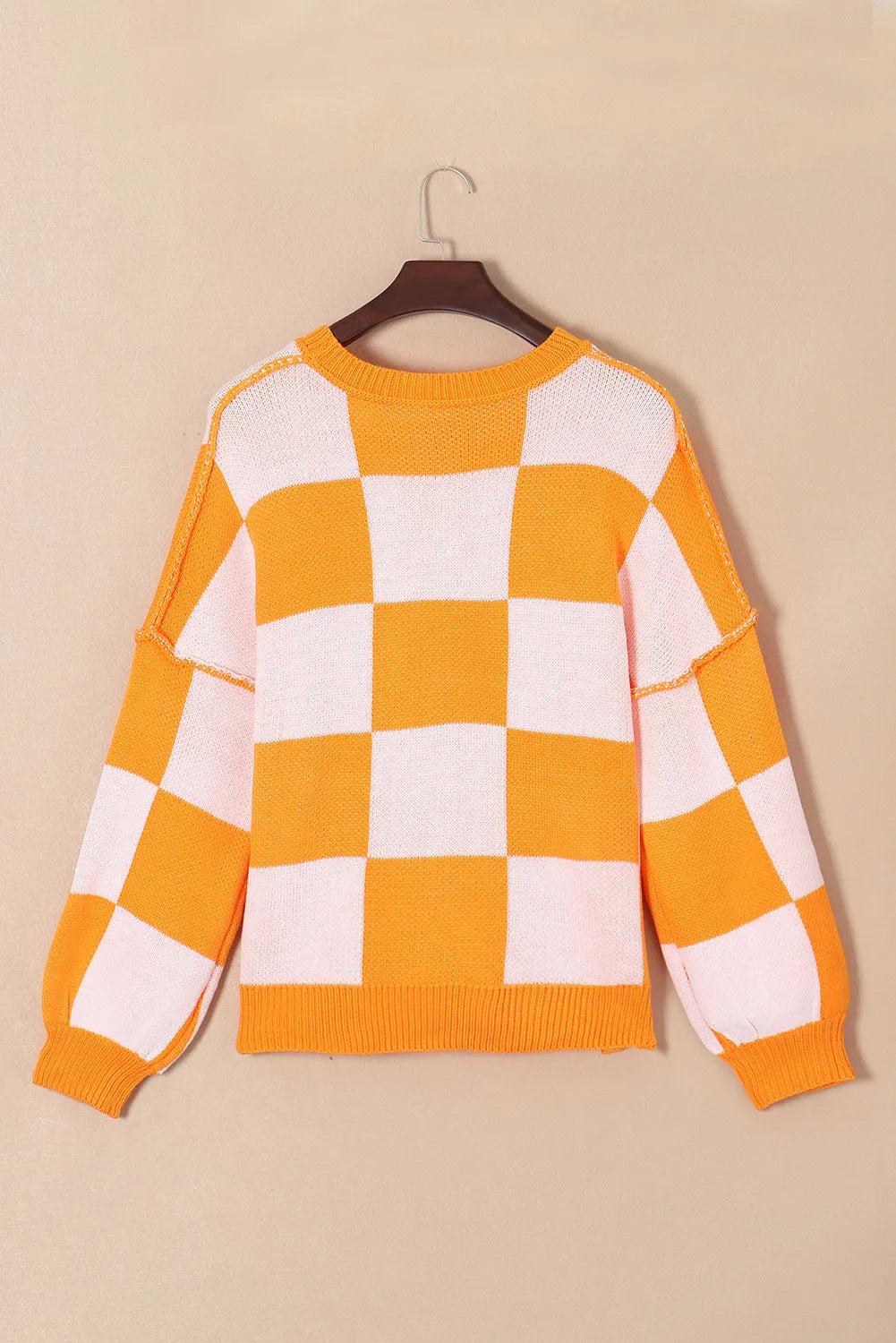 Pumpkin Checkered Round Neck Long Sleeve Sweater-TOPS / DRESSES-[Adult]-[Female]-2022 Online Blue Zone Planet