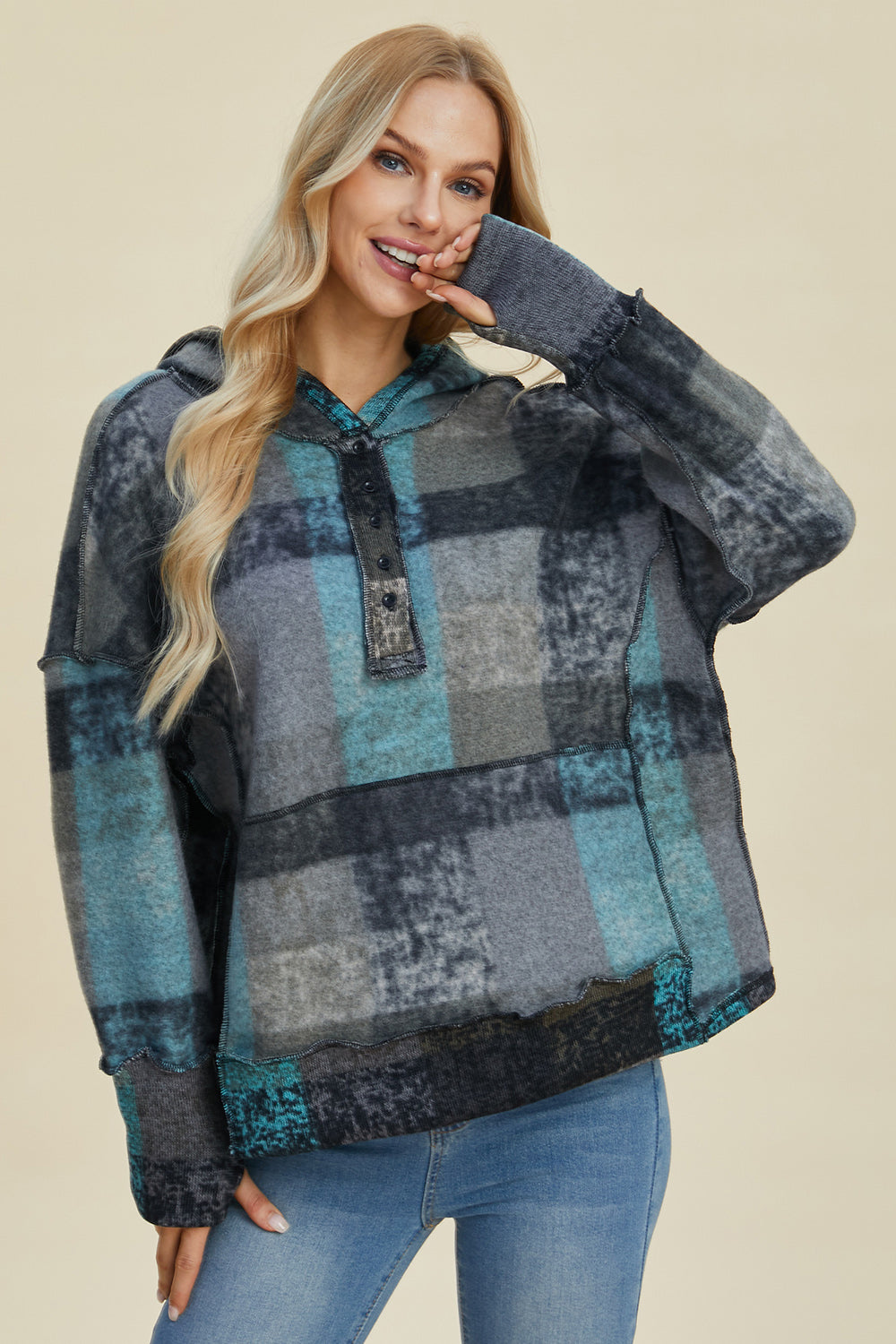 Double Take Full Size Plaid Dropped Shoulder Hoodie-HOODIES-[Adult]-[Female]-2022 Online Blue Zone Planet