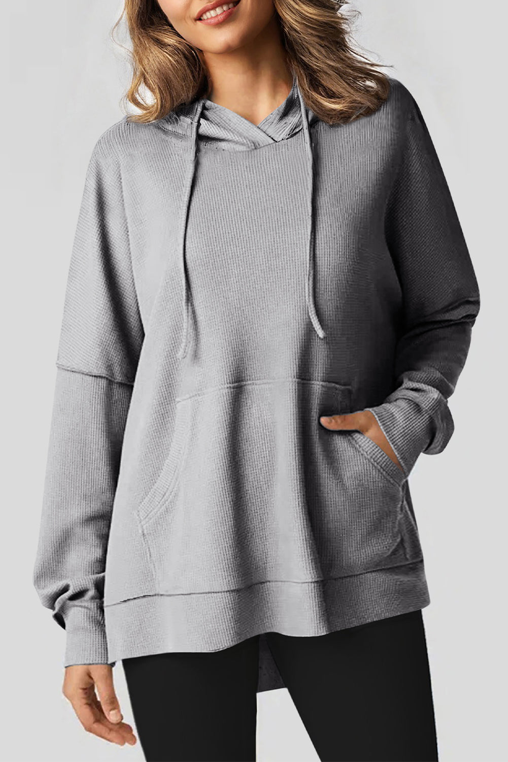 Gray Waffle Knit Fleece Lined High Low Oversized Hoodie-Tops/Sweatshirts & Hoodies-[Adult]-[Female]-Gray-S-2022 Online Blue Zone Planet