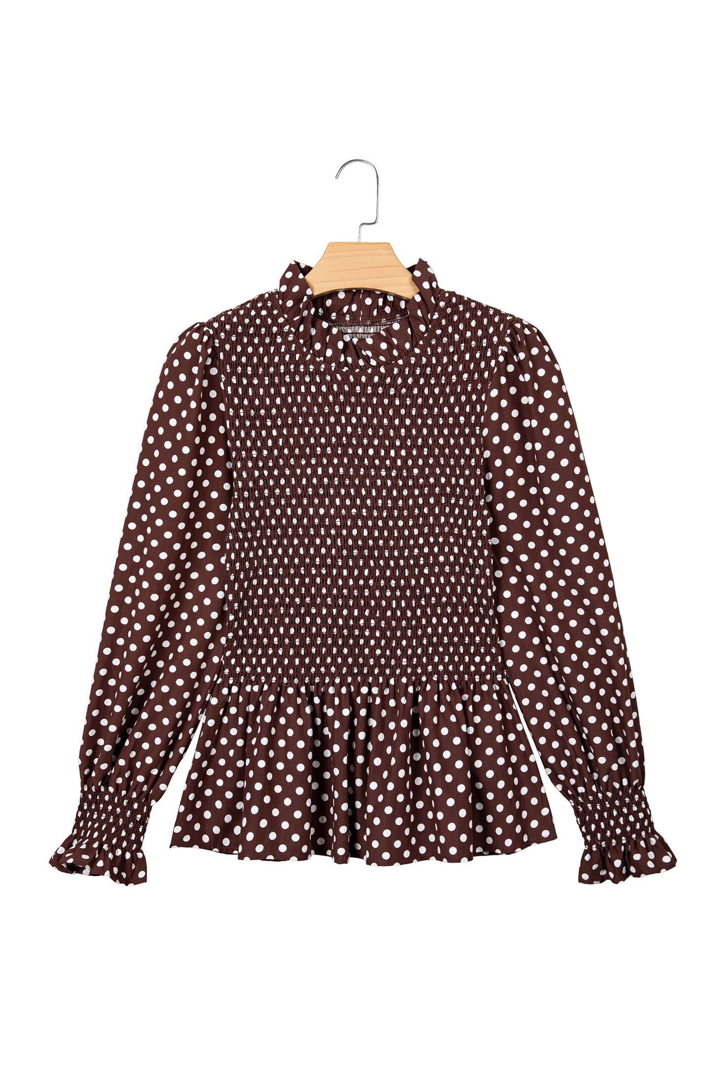 Brown Polka Dot Ruffled High Neck Shirred Ruffle Hem Blouse-Tops/Blouses & Shirts-[Adult]-[Female]-2022 Online Blue Zone Planet