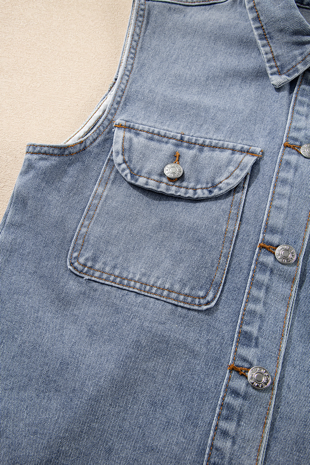 Beau Blue Denim Flap Pocket Curved Hem Shirt Vest-Outerwear/Vests-[Adult]-[Female]-2022 Online Blue Zone Planet