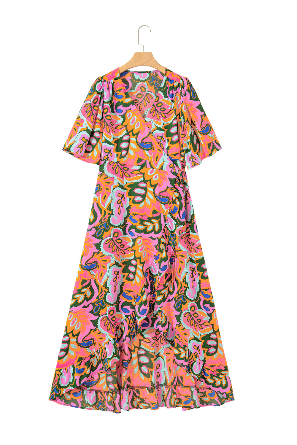 Rose Summer Plant Print Surpliced V Neck Ruffled Asymmetric Slit Wide Short Sleeve Maxi Dress-TOPS / DRESSES-[Adult]-[Female]-2022 Online Blue Zone Planet