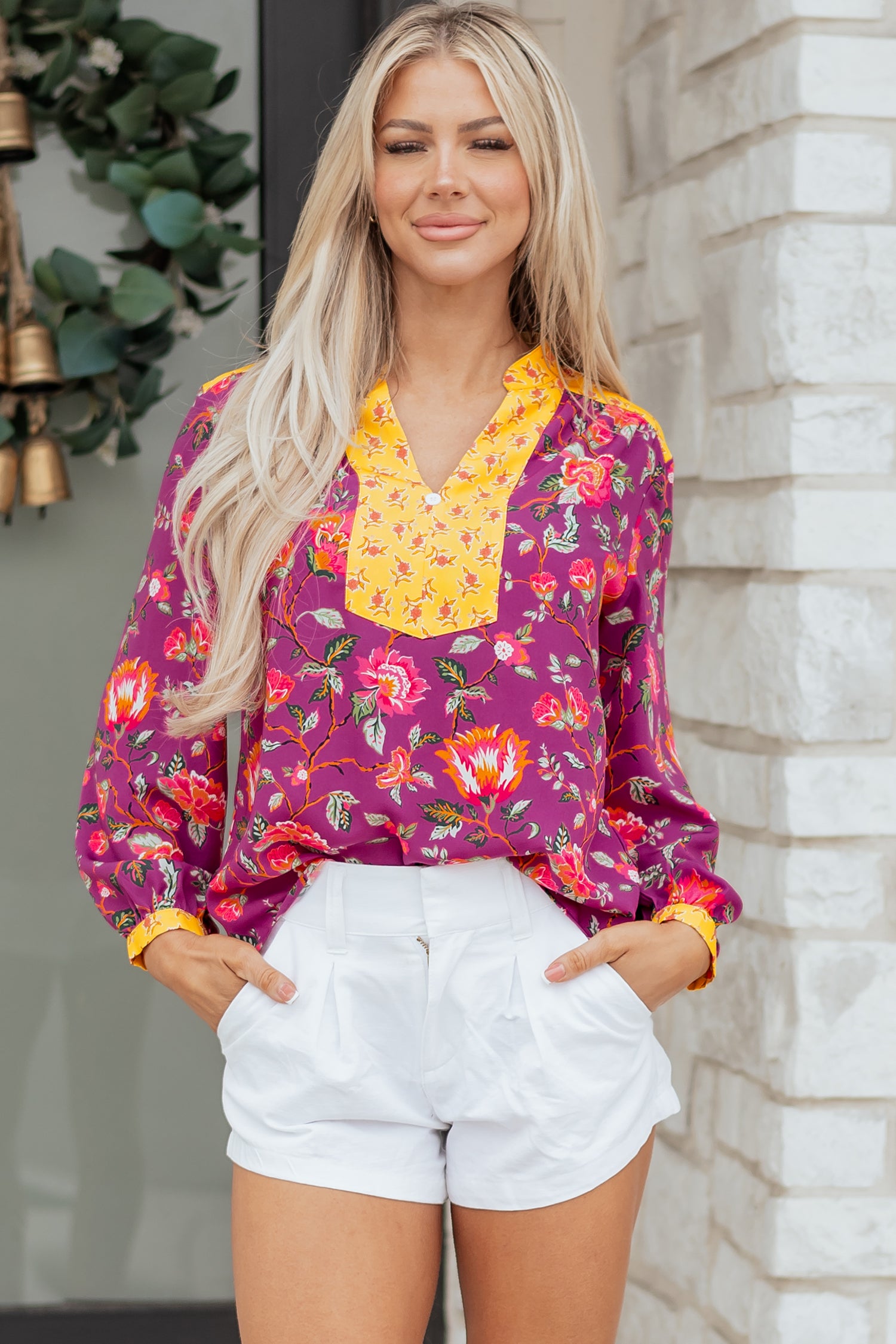 Rose Contrast Placket Split V Neck Floral Blouse-Tops/Blouses & Shirts-[Adult]-[Female]-2022 Online Blue Zone Planet