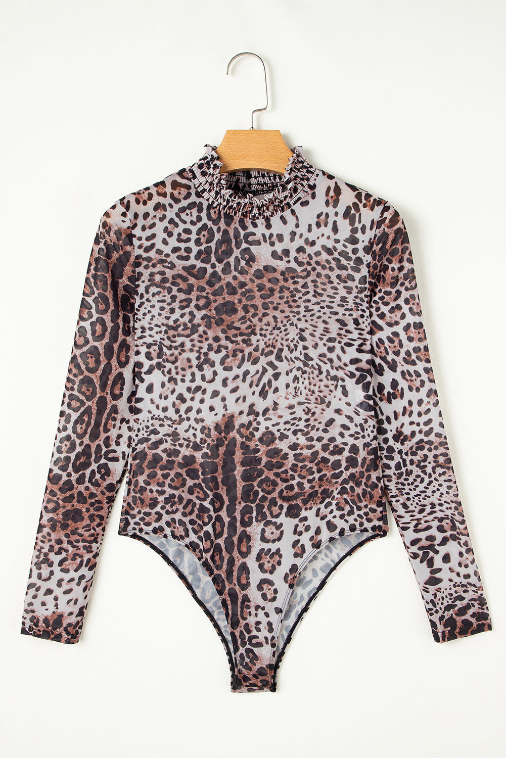 Brown Leopard Smocked Neck Mesh Long Sleeve Bodysuit-Tops/Bodysuits-[Adult]-[Female]-2022 Online Blue Zone Planet