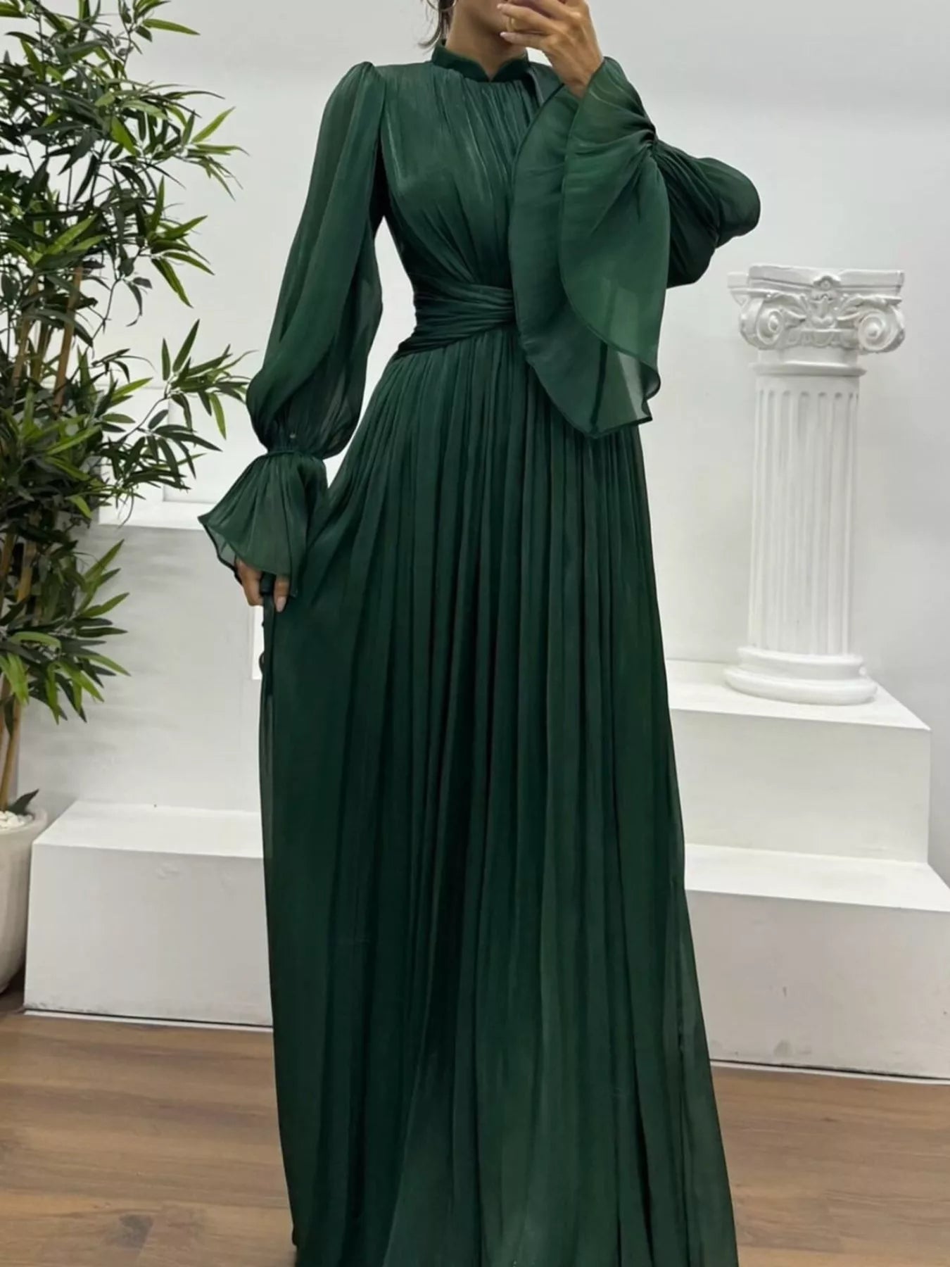 Laura's Pleated Mock Neck Long Sleeve Maxi Dress