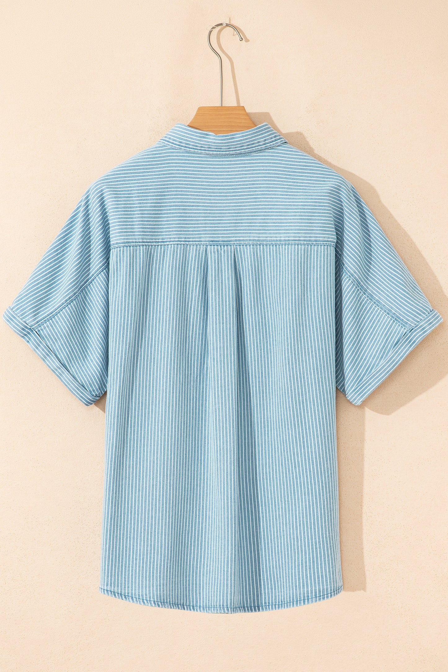 Sky Blue Stripe Cuffed Short Sleeve Button up Loose Shirt-Tops/Blouses & Shirts-[Adult]-[Female]-2022 Online Blue Zone Planet