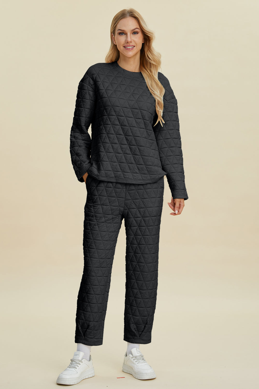 Double Take Full Size Texture Round Neck Long Sleeve Top and Pants Set-TOPS / DRESSES-[Adult]-[Female]-Black-S-2022 Online Blue Zone Planet