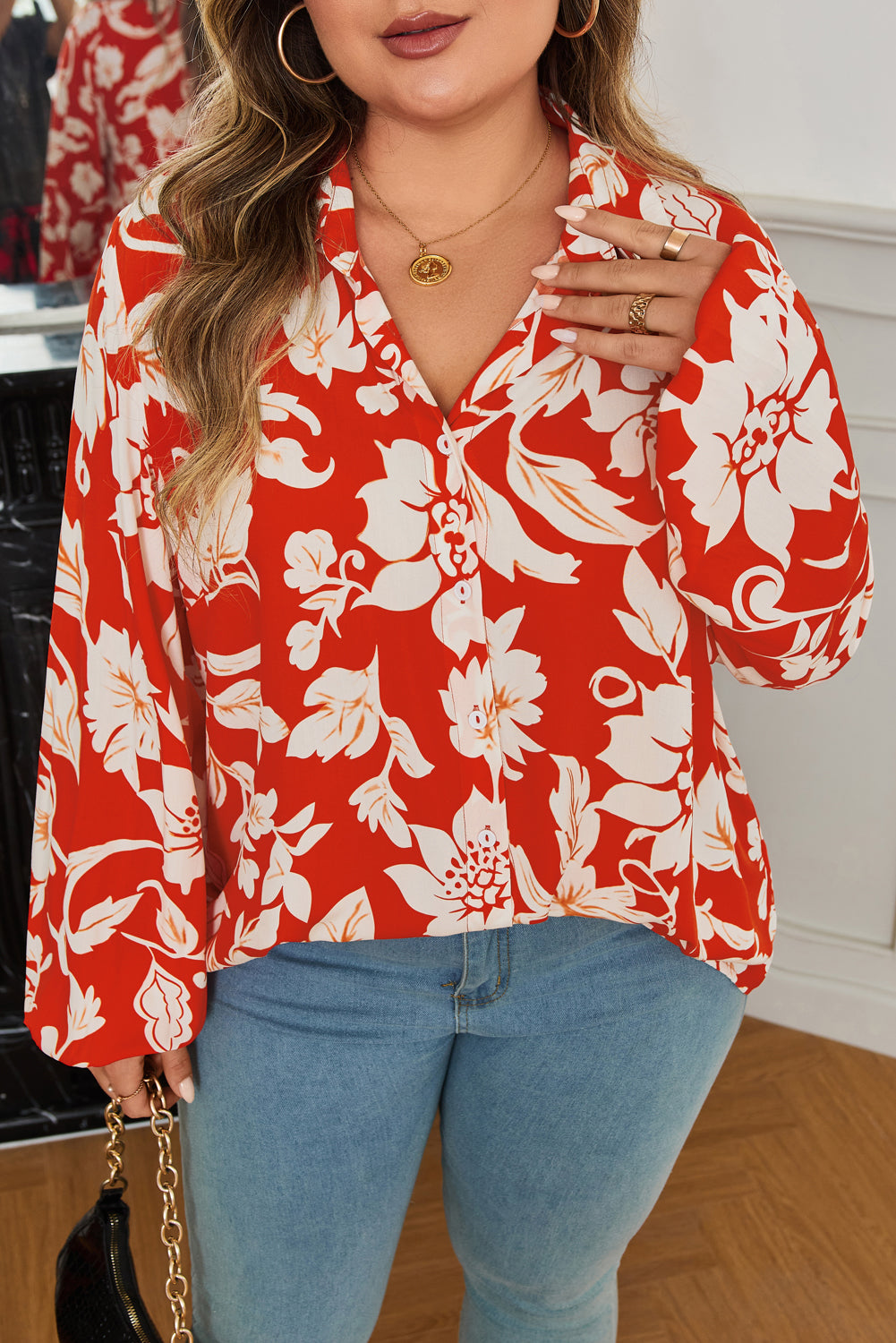 Red Plus Size Floral Print Loose Button Up Shirt-Plus Size/Plus Size Tops/Plus Size Blouses & Shirts-[Adult]-[Female]-2022 Online Blue Zone Planet