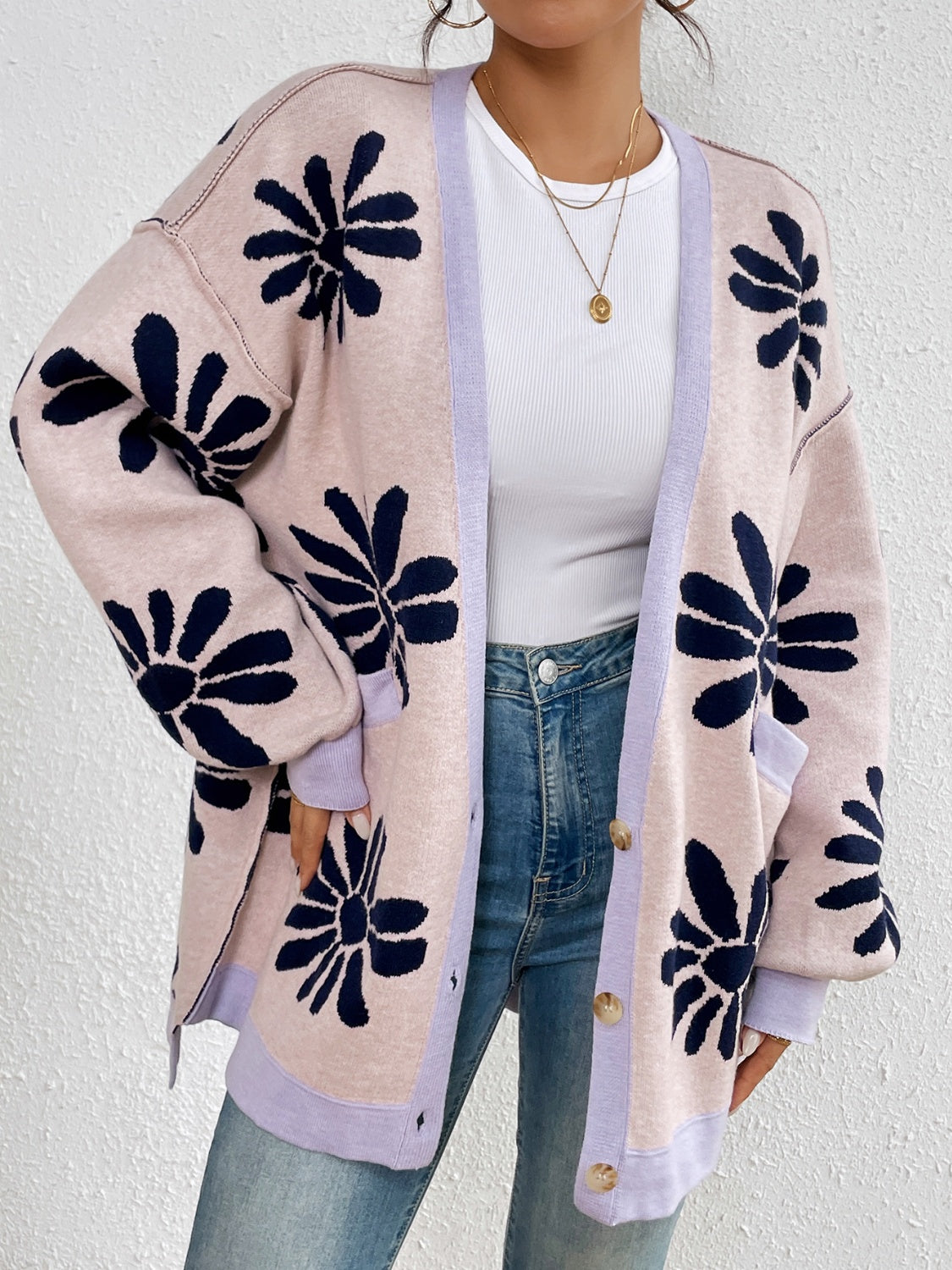 Contrast Dropped Shoulder Long Sleeve Cardigan-TOPS / DRESSES-[Adult]-[Female]-Pale Blush-S-2022 Online Blue Zone Planet