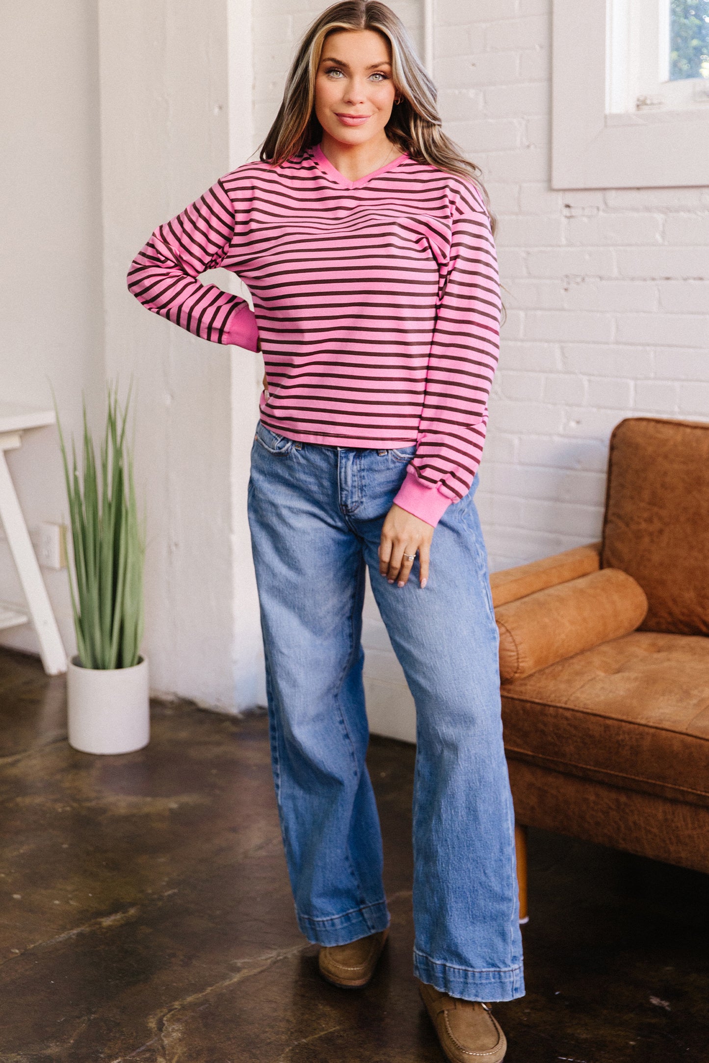 Pink Stripe V Neck Long Sleeve Drop Shoulder Blouse-Tops/Long Sleeve Tops-[Adult]-[Female]-2022 Online Blue Zone Planet