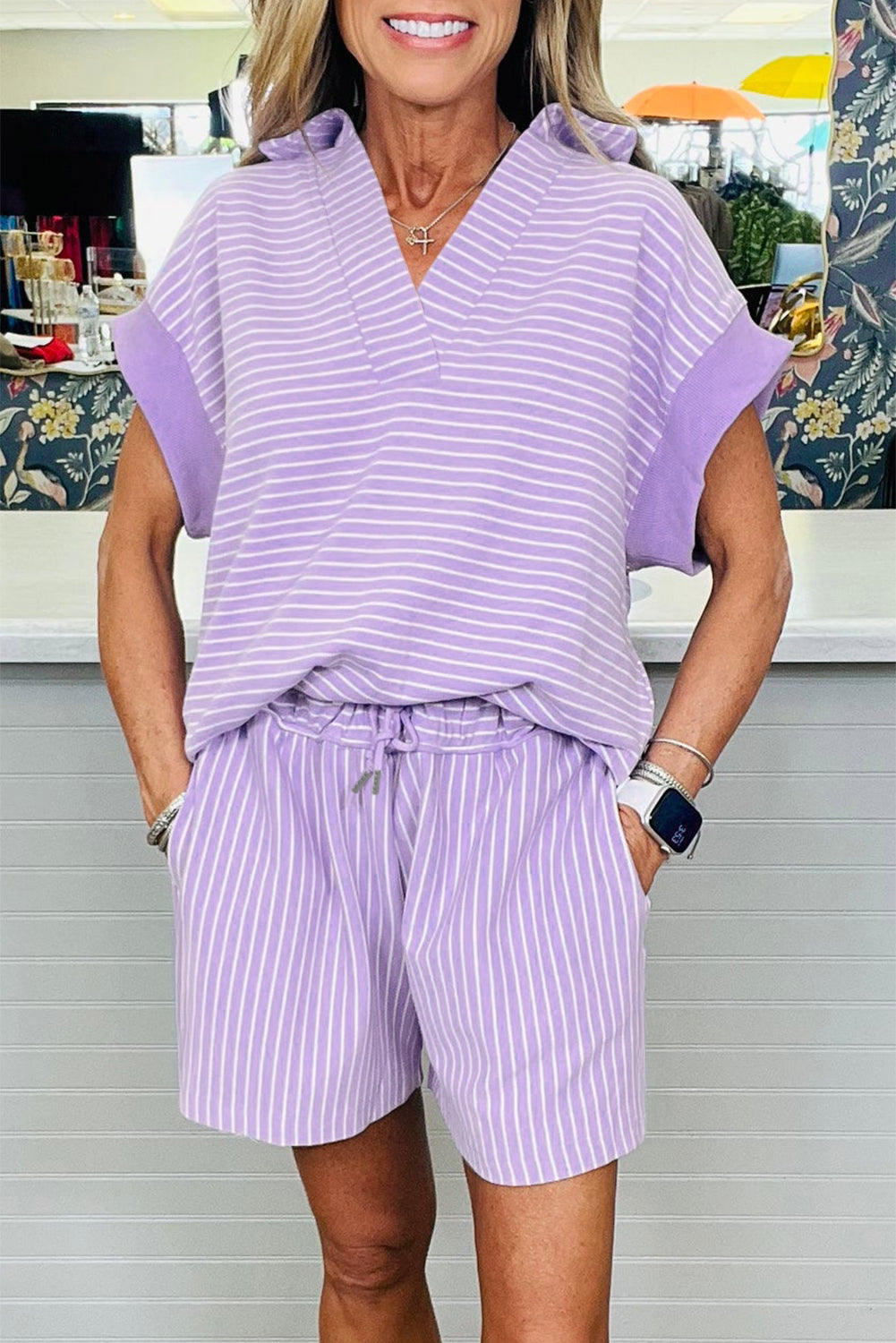 Khaki Stripe Dolman Sleeve Polo Shirt and Drawstring Shorts Set-Two Piece Sets/Short Sets-[Adult]-[Female]-Purple Stripe-S-2022 Online Blue Zone Planet