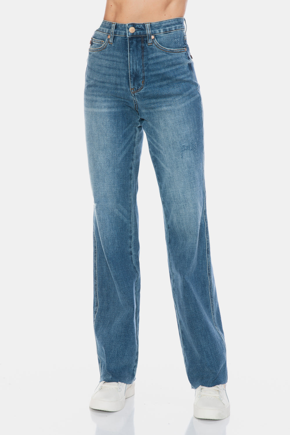 Blue Zone Planet | Judy Blue Full Size Tummy Control Cut Raw Hem Straight Jeans-BOTTOMS SIZES SMALL MEDIUM LARGE-[Adult]-[Female]-2022 Online Blue Zone Planet