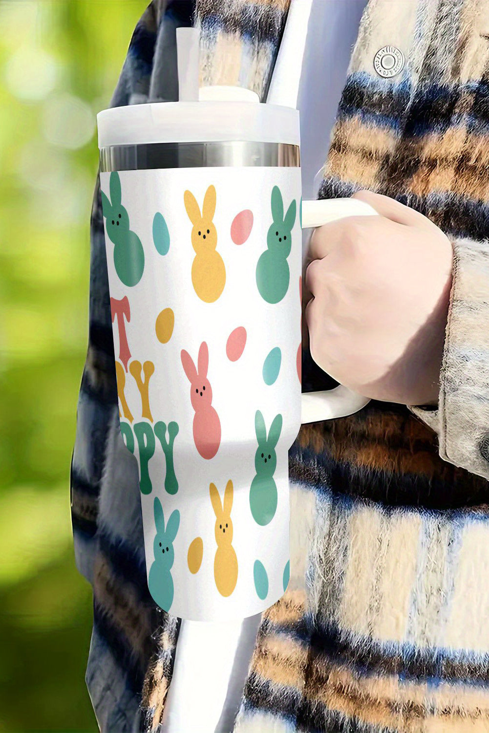 White Dont Worry Be Hoppy Bunny Print Thermal Tumbler 40oz