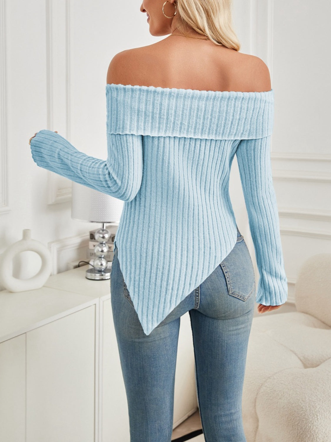 Ribbed Asymmetrical Hem Off-Shoulder Long Sleeve T-Shirt-[Adult]-[Female]-2022 Online Blue Zone Planet