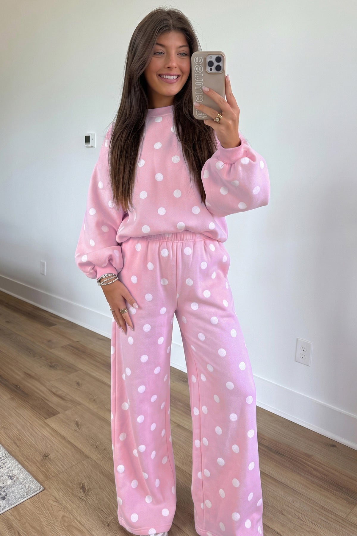 Pink Polka Dot Puff Sleeve Top Casual Pants 2pcs Set-Two Piece Sets/Pant Sets-[Adult]-[Female]-2022 Online Blue Zone Planet