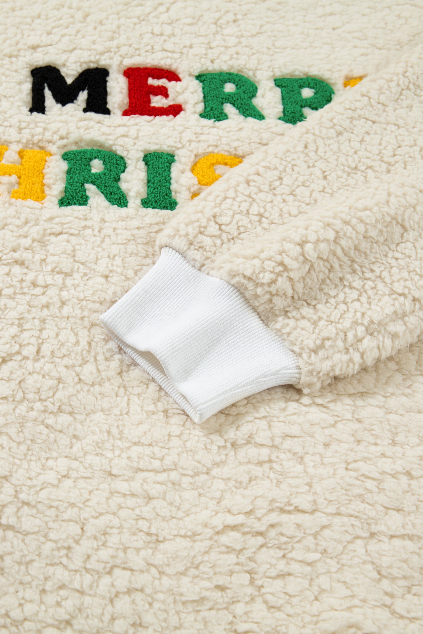 White MERRY CHRISTMAS Multicolor Embroidered Sherpa Pullover Sweatshirt-Tops/Sweatshirts & Hoodies-[Adult]-[Female]-2022 Online Blue Zone Planet