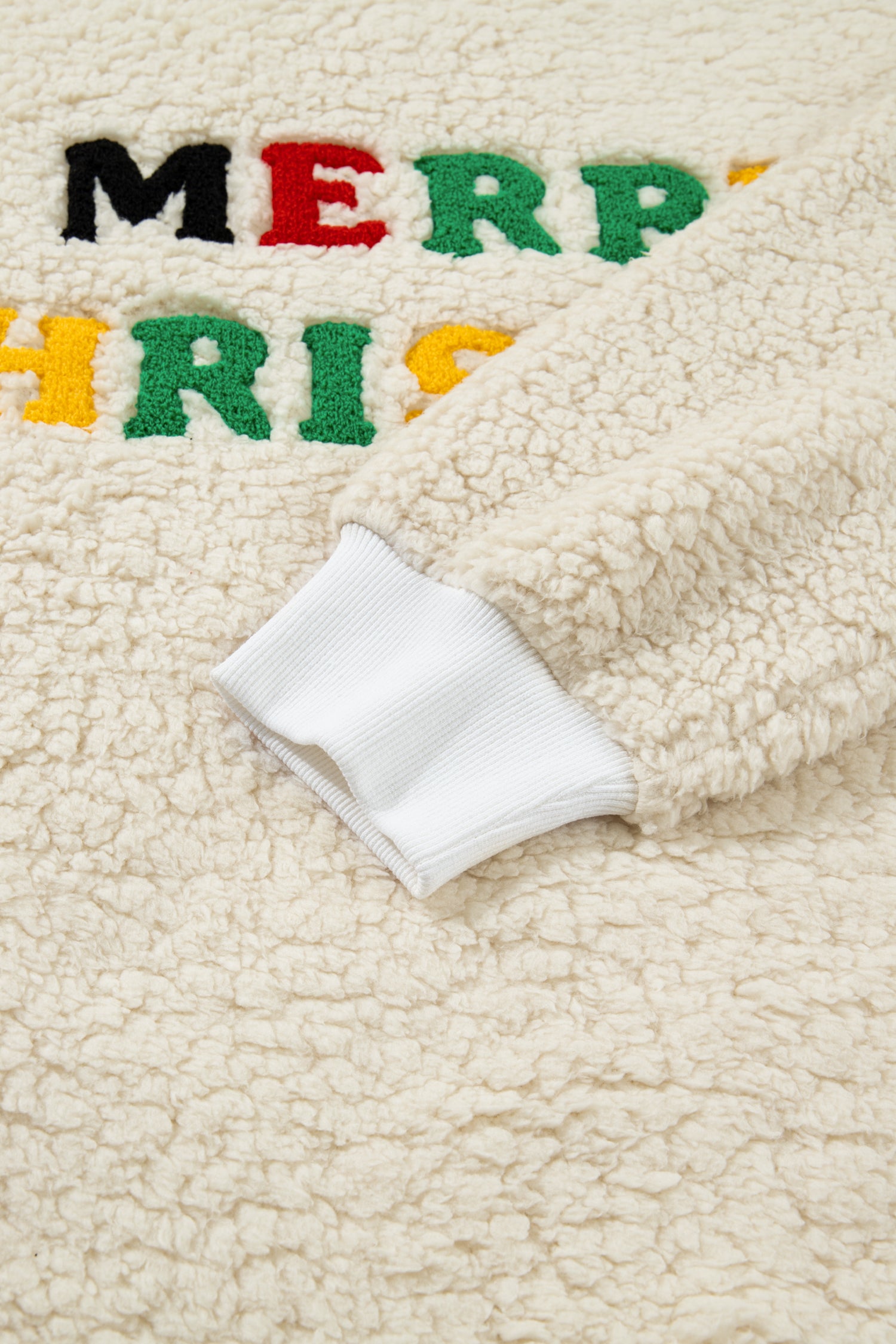 White MERRY CHRISTMAS Multicolor Embroidered Sherpa Pullover Sweatshirt-Tops/Sweatshirts & Hoodies-[Adult]-[Female]-2022 Online Blue Zone Planet