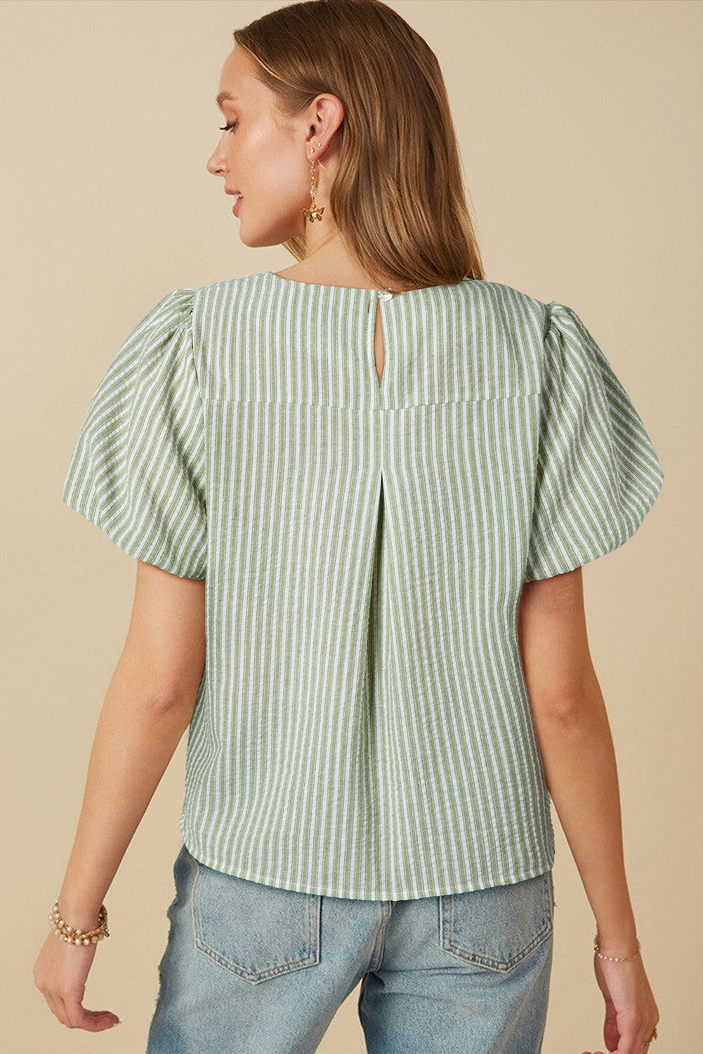 Green Stripe Textured Round Neck Short Puff Sleeve Blouse-Tops/Blouses & Shirts-[Adult]-[Female]-2022 Online Blue Zone Planet