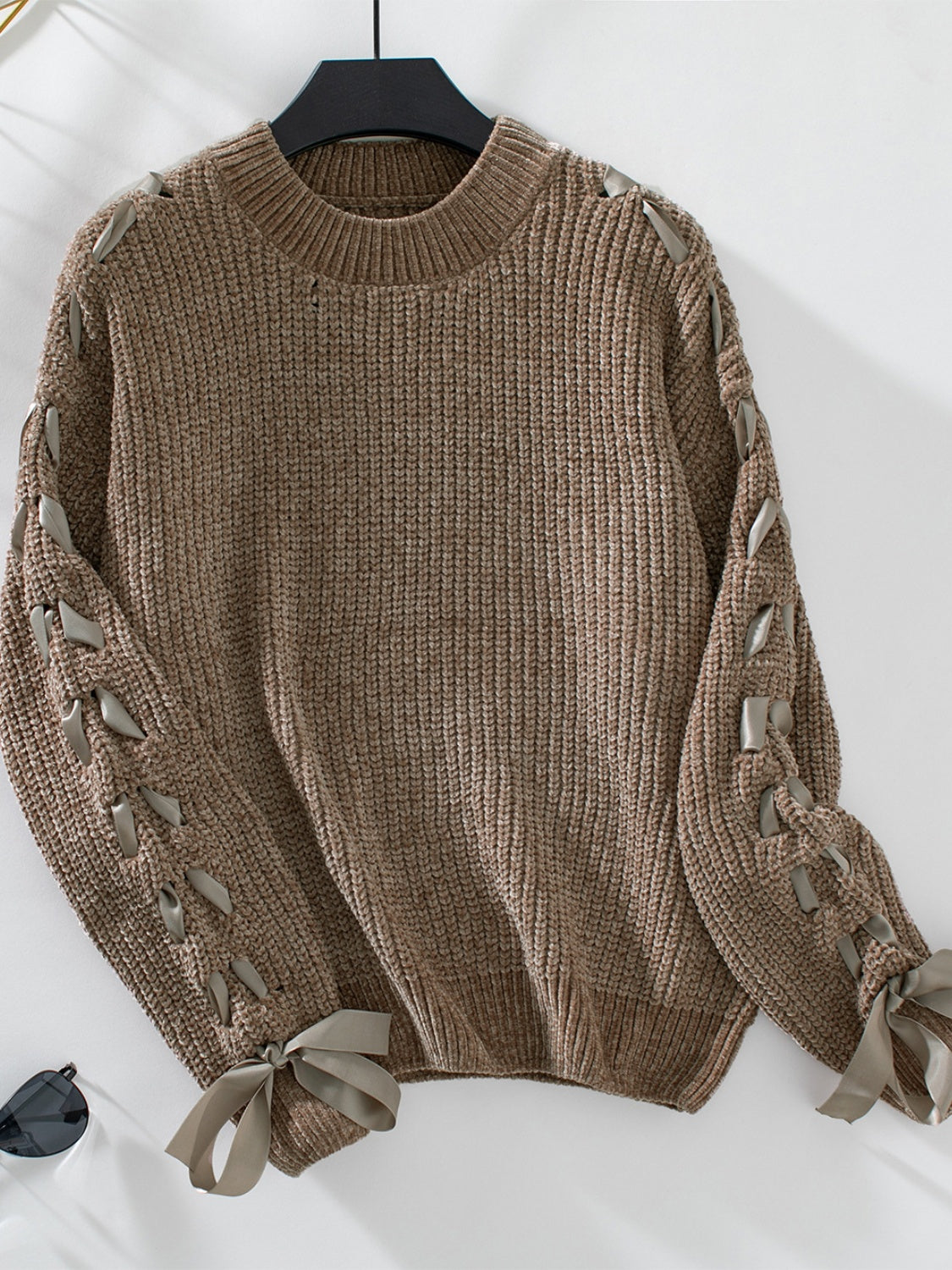 Lace Up Round Neck Long Sleeve Sweater-TOPS / DRESSES-[Adult]-[Female]-Taupe-S-2022 Online Blue Zone Planet