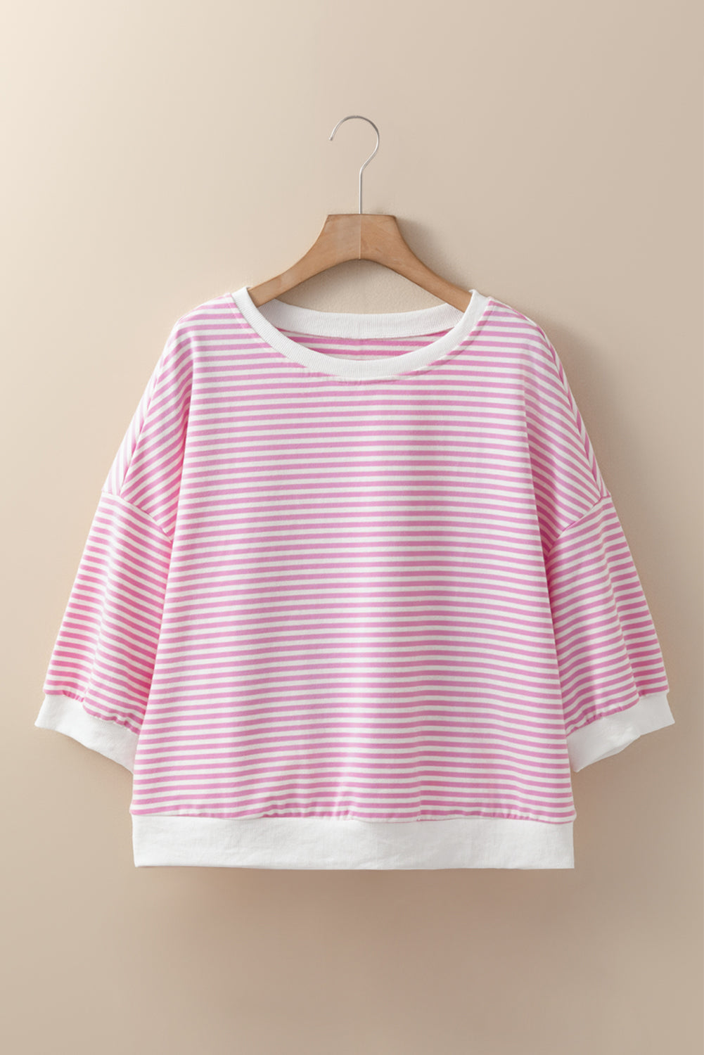 Pink Striped 3/4 Sleeve Drop Shoulder Top-Tops/Long Sleeve Tops-[Adult]-[Female]-2022 Online Blue Zone Planet