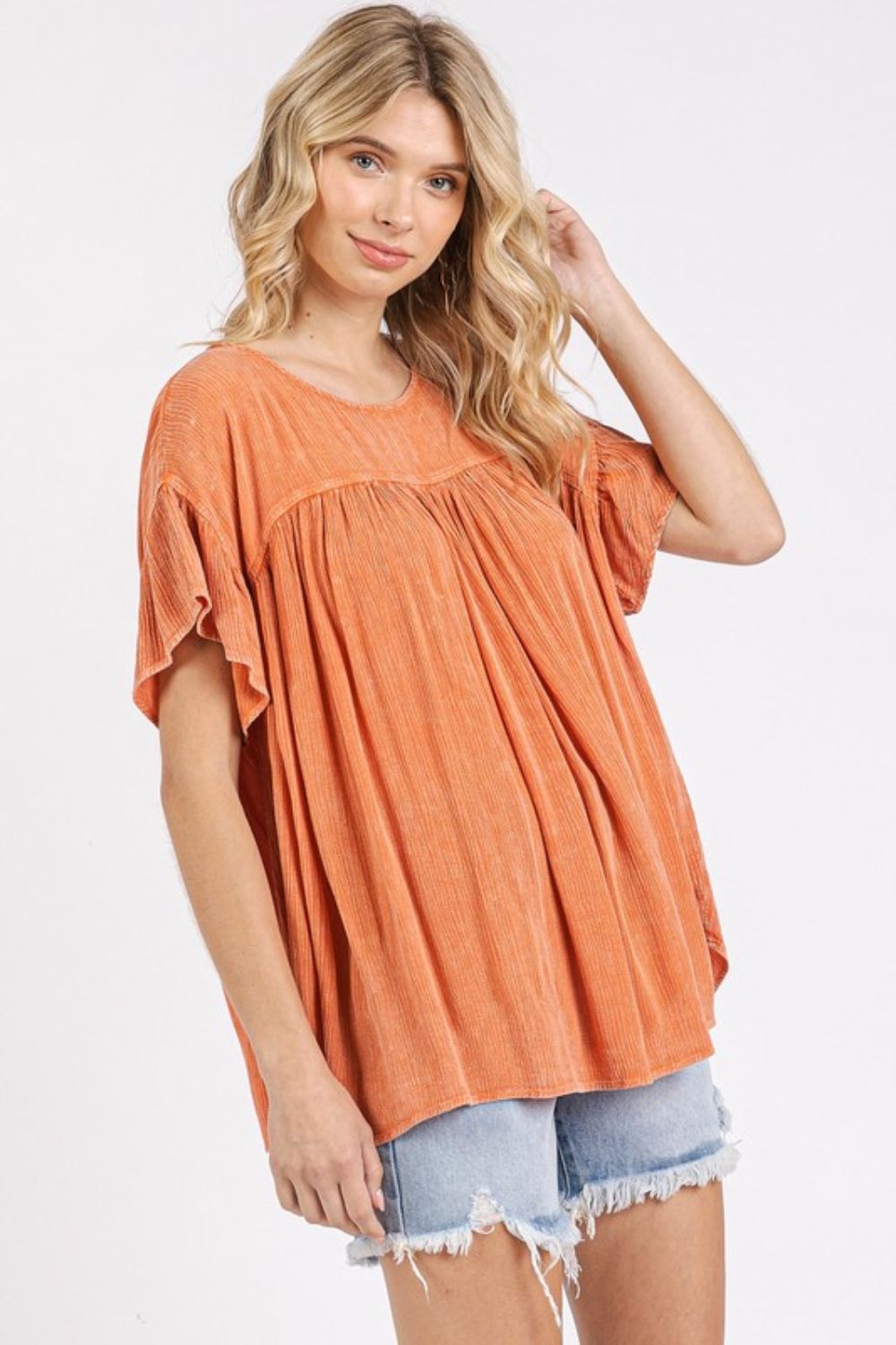Mittoshop Mineral Washed Round Neck Ruffle Sleeve Blouse-TOPS / DRESSES-[Adult]-[Female]-2022 Online Blue Zone Planet