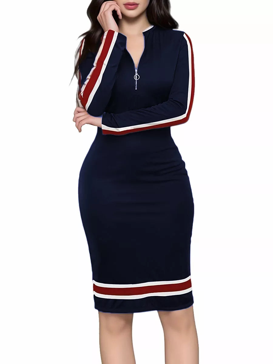 striped bodycon dress long sleeve Ladies Striped Knitted Dress Slim Long Sleeve V-neck Midi Ribbed Bodycon Dress