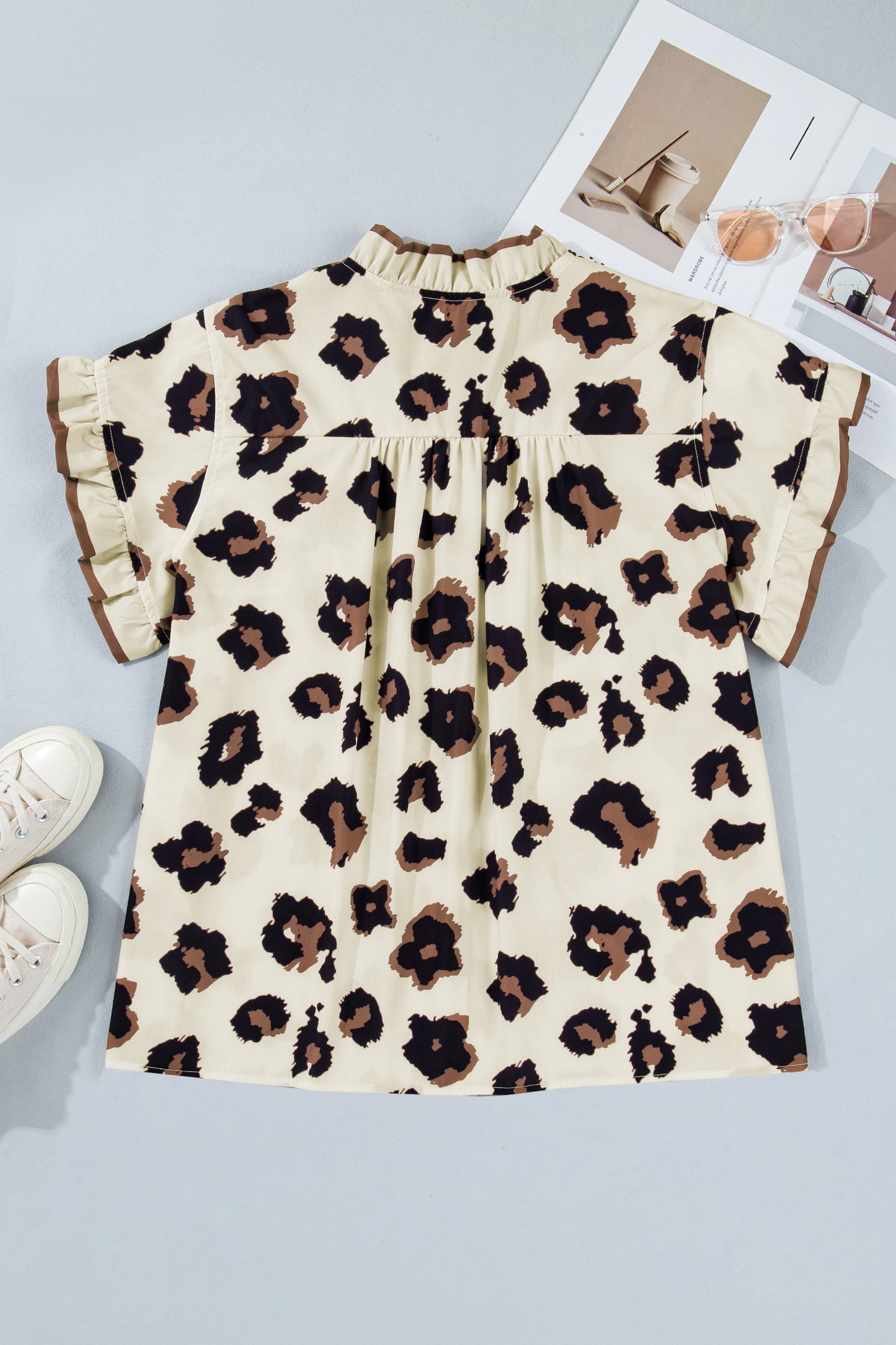 Khaki Plus Size Leopard Print Frilled Color Block Trim Button Down Short Sleeve Blouse-Plus Size/Plus Size Tops/Plus Size Blouses & Shirts-[Adult]-[Female]-2022 Online Blue Zone Planet